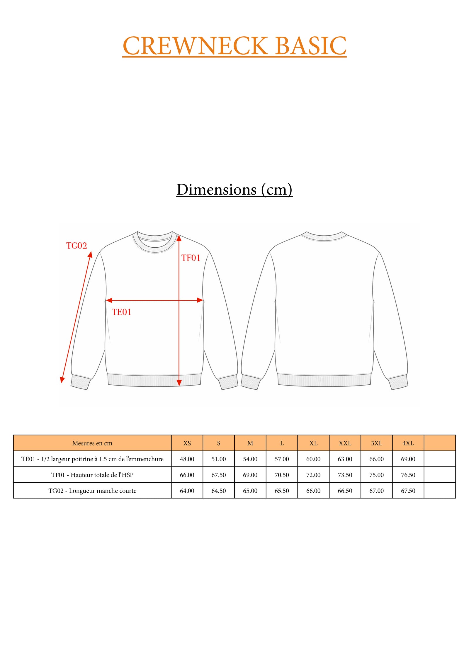 Guide des tailles CREWNECK BASIQUE