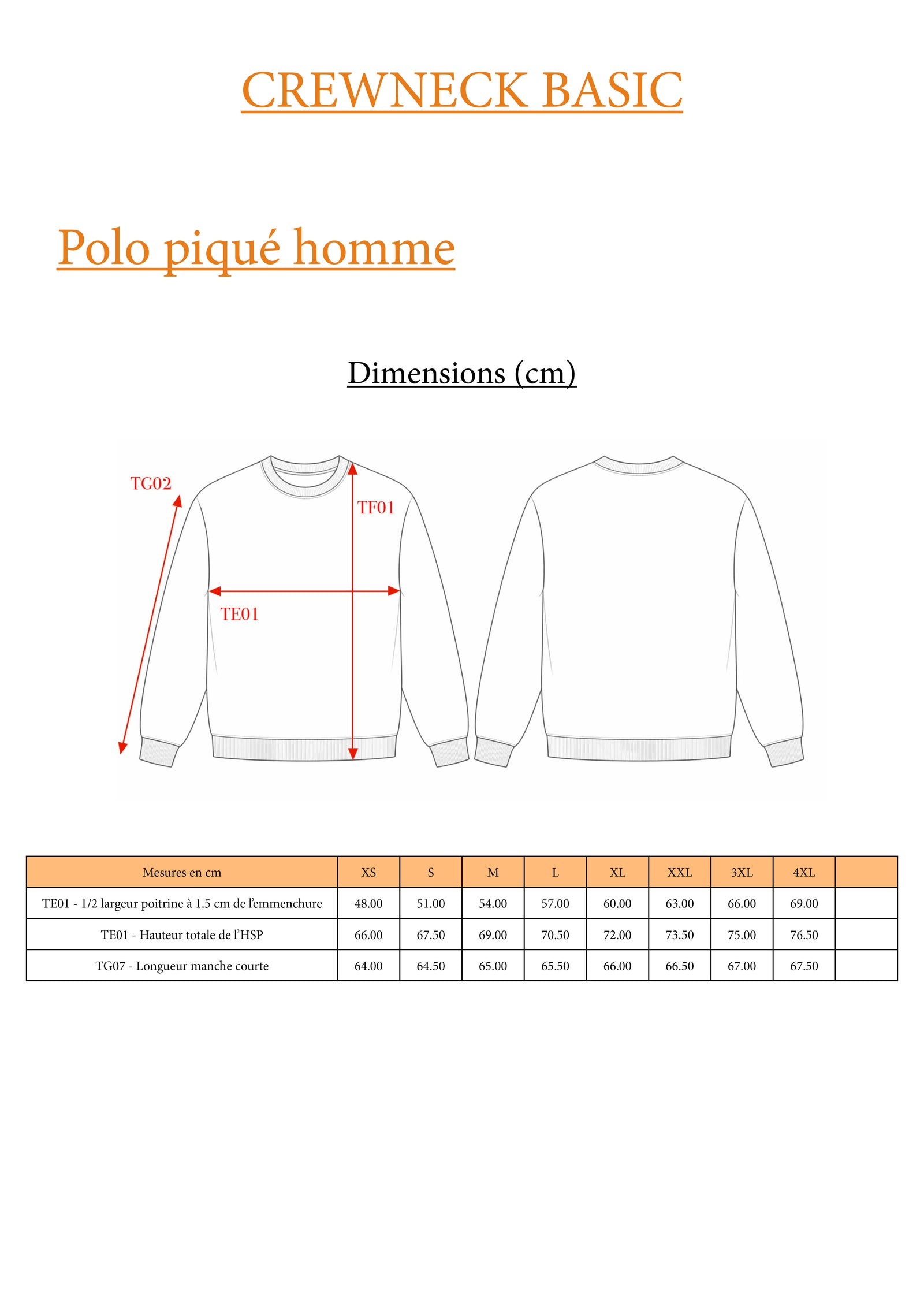 Guide des tailles SWEAT-SHIRT BASIC