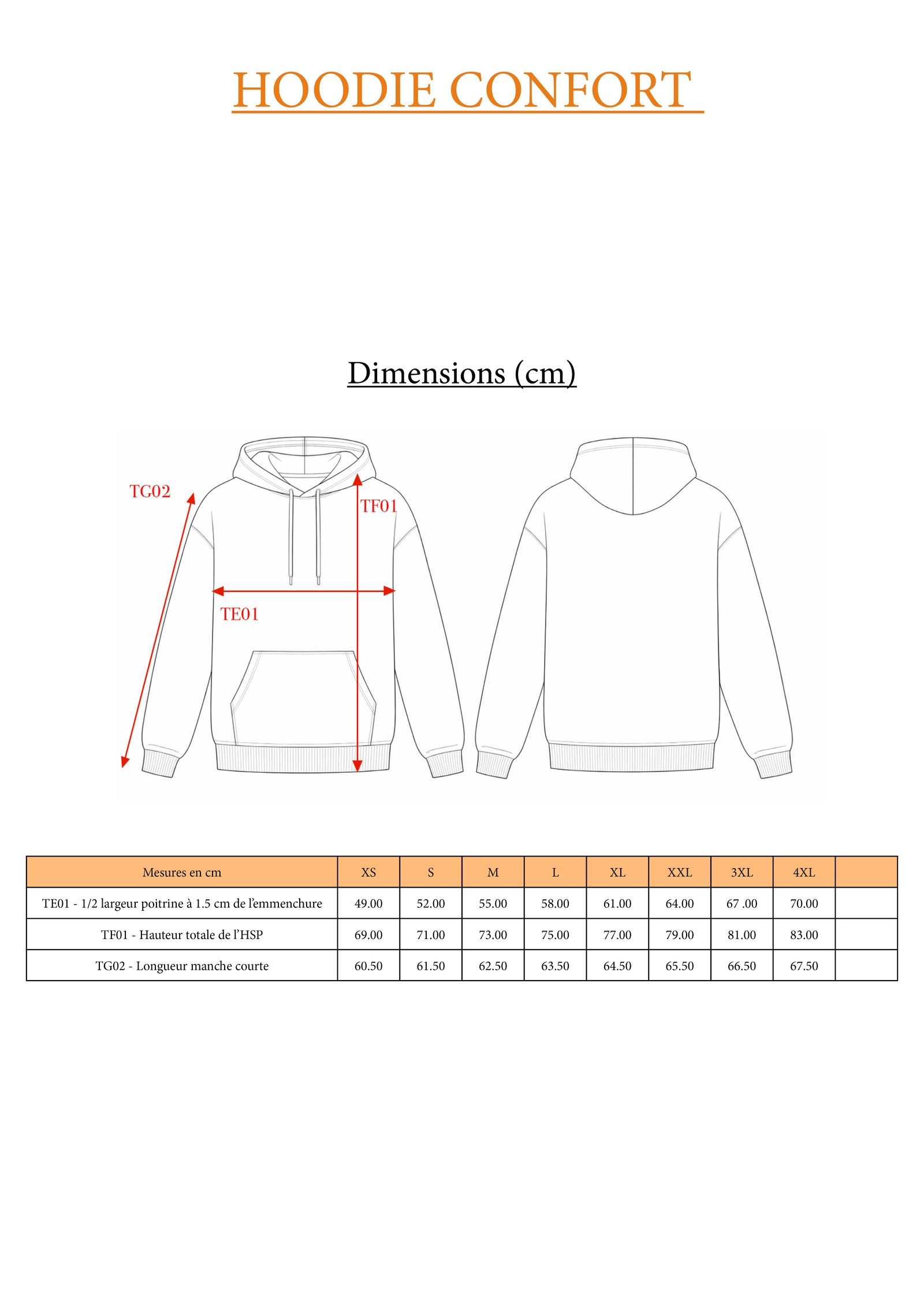 Guide des tailles LE CONFORT / HOODIE