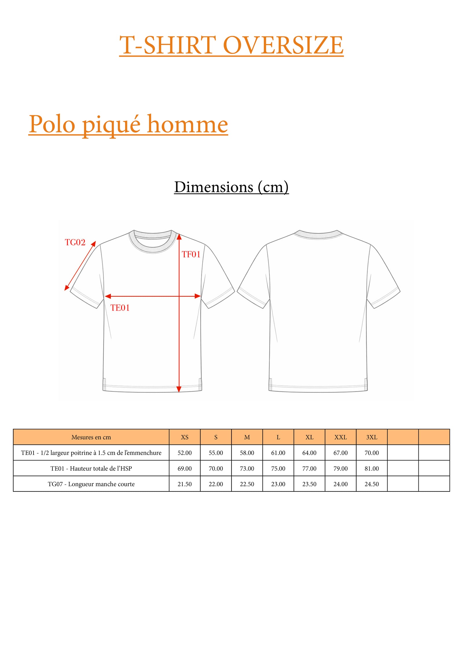 Guide des tailles OVERSIZE / T-SHIRT MANCHE COURTE