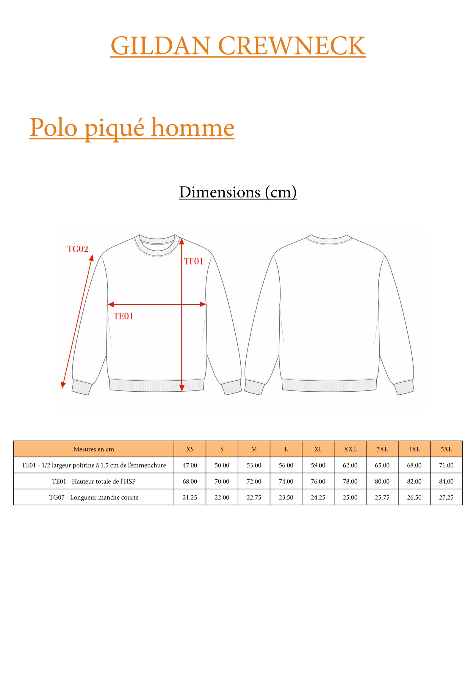 Guide des tailles GILDAN / CREWNECK
