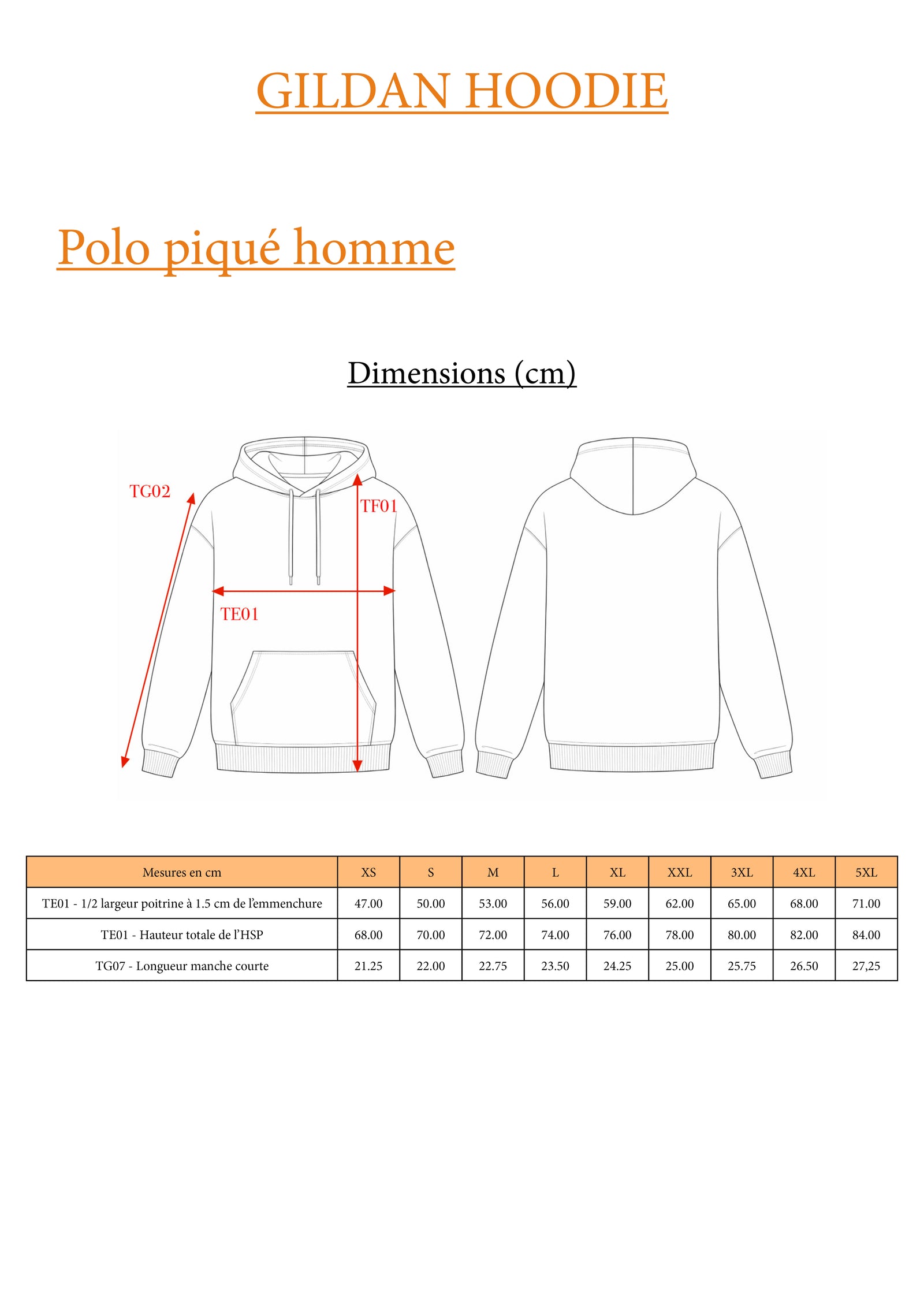 Guide des tailles GILDAN / HOODIE