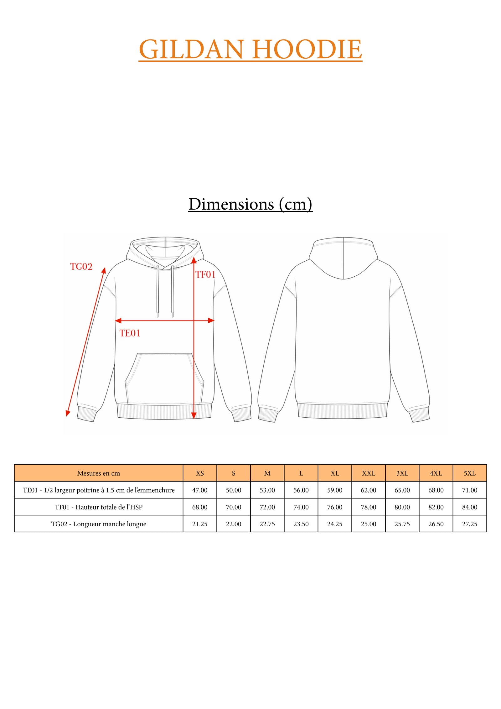 Guide des tailles GILDAN / HOODIE